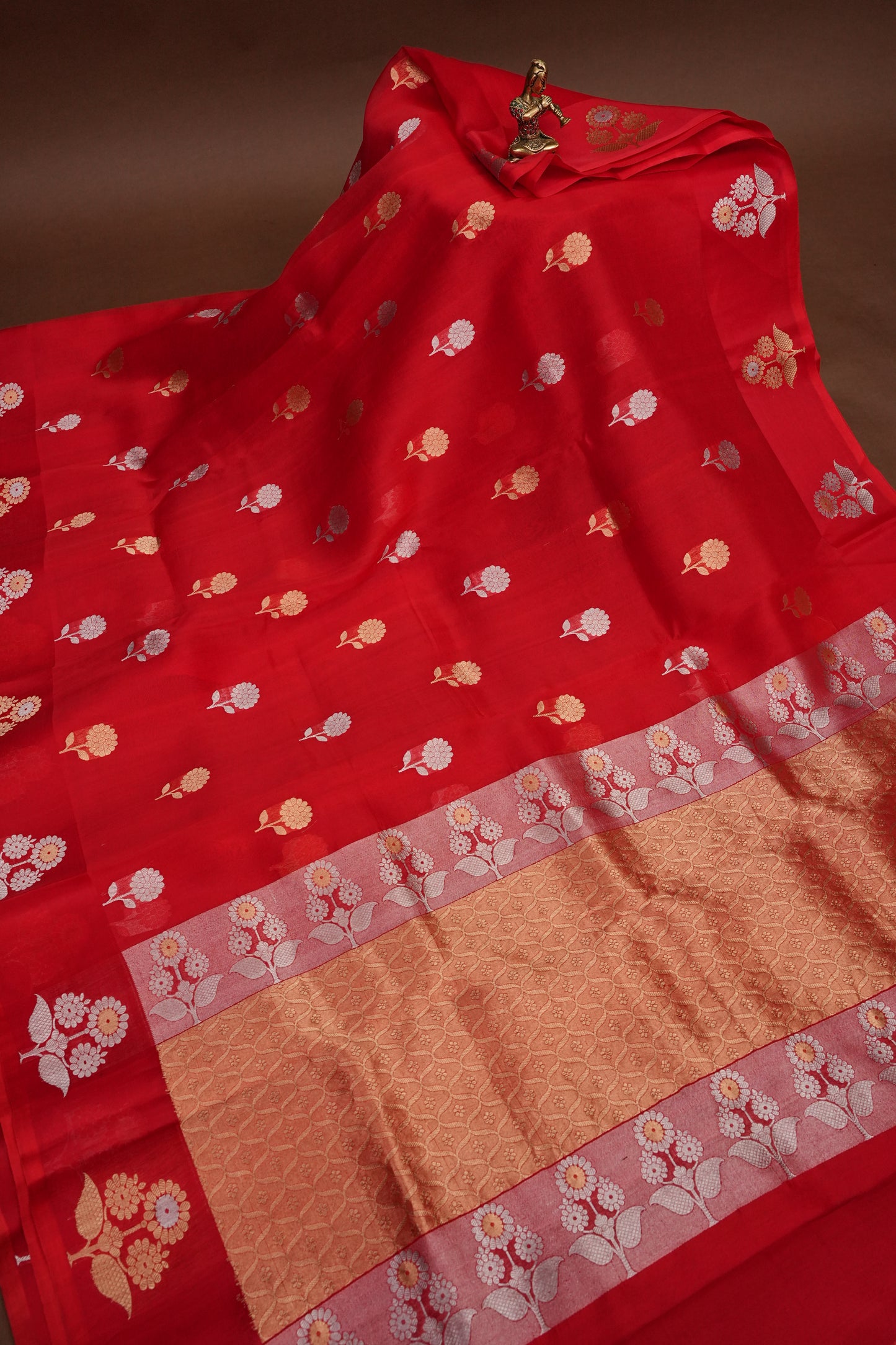 Pure Banarasi Organza(Kora) Silk Handloom Saree with Gold & Silver Zari Buttas – Vermilion Red | Silk Mark Certified