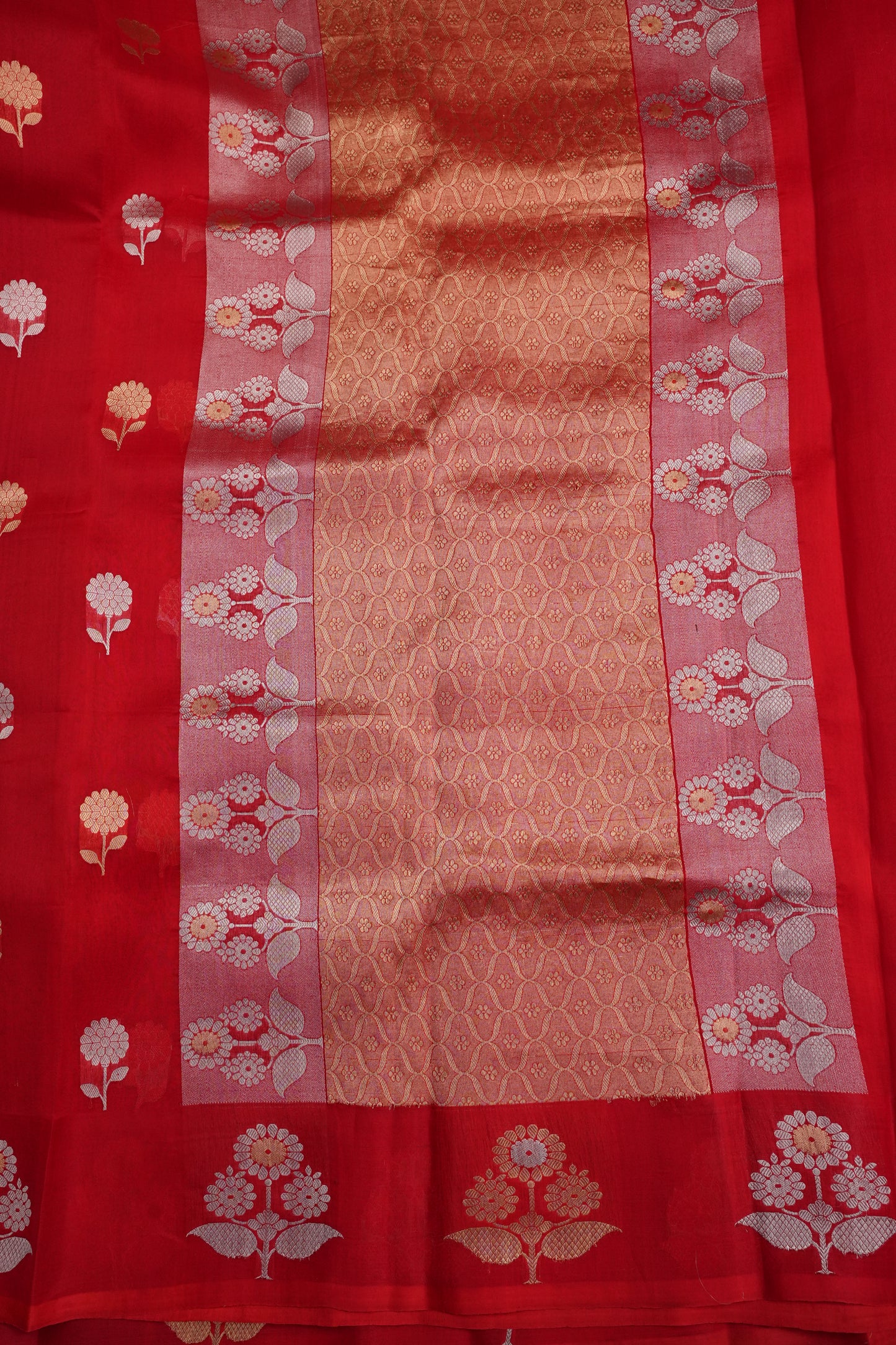 Pure Banarasi Organza(Kora) Silk Handloom Saree with Gold & Silver Zari Buttas – Vermilion Red | Silk Mark Certified