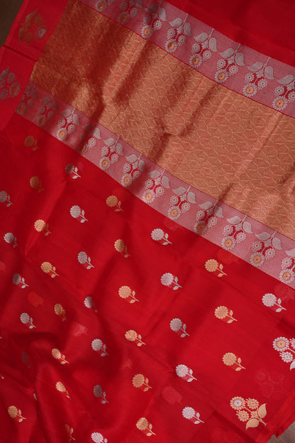 Pure Banarasi Organza(Kora) Silk Handloom Saree with Gold & Silver Zari Buttas – Vermilion Red | Silk Mark Certified