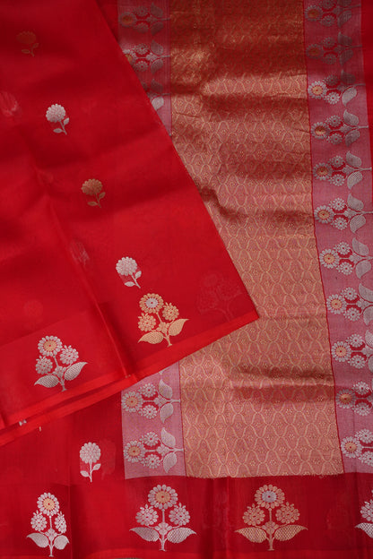 Pure Banarasi Organza(Kora) Silk Handloom Saree with Gold & Silver Zari Buttas – Vermilion Red | Silk Mark Certified