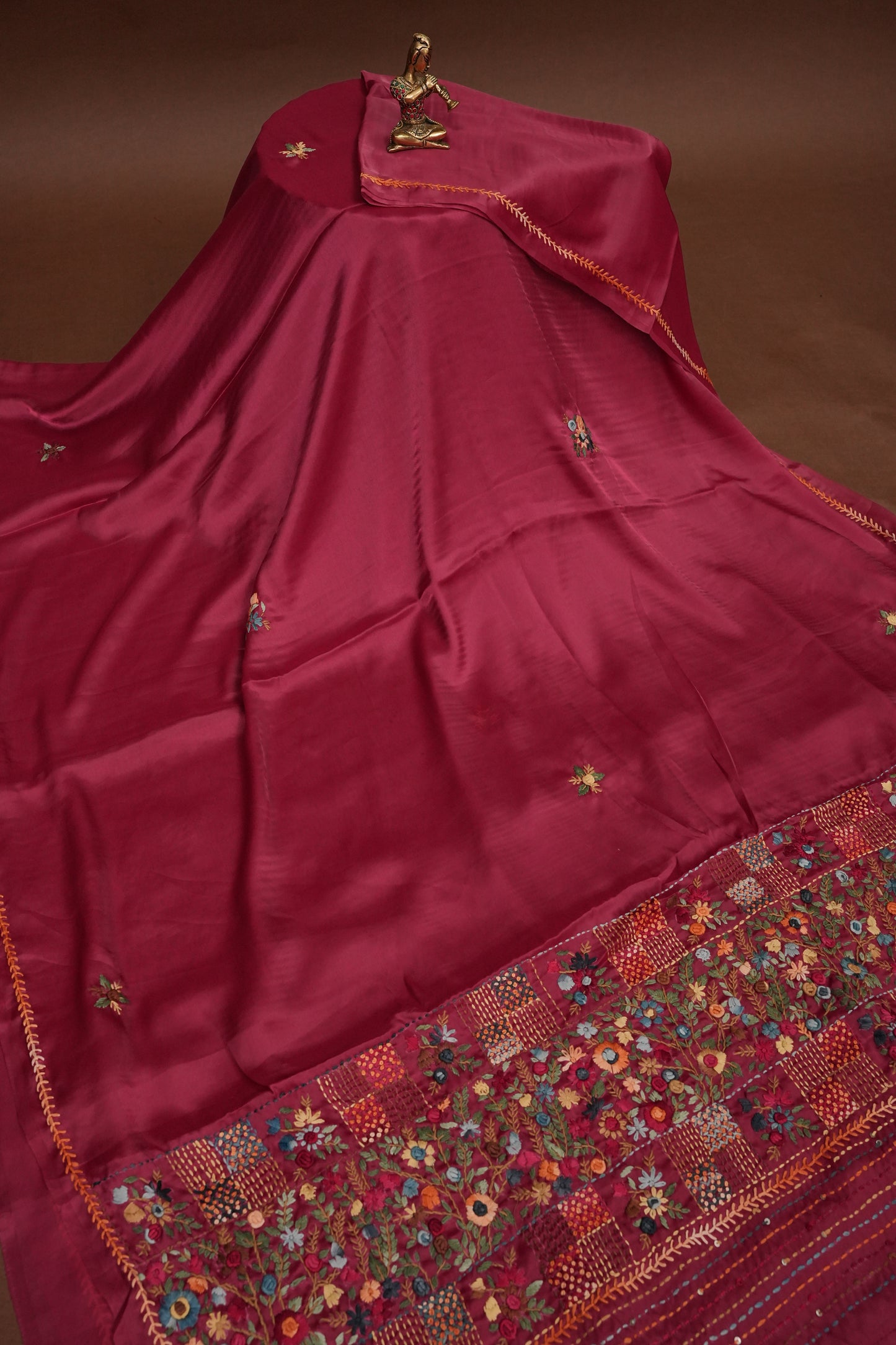 Rose Pink-Crepe silk saree with French knot work