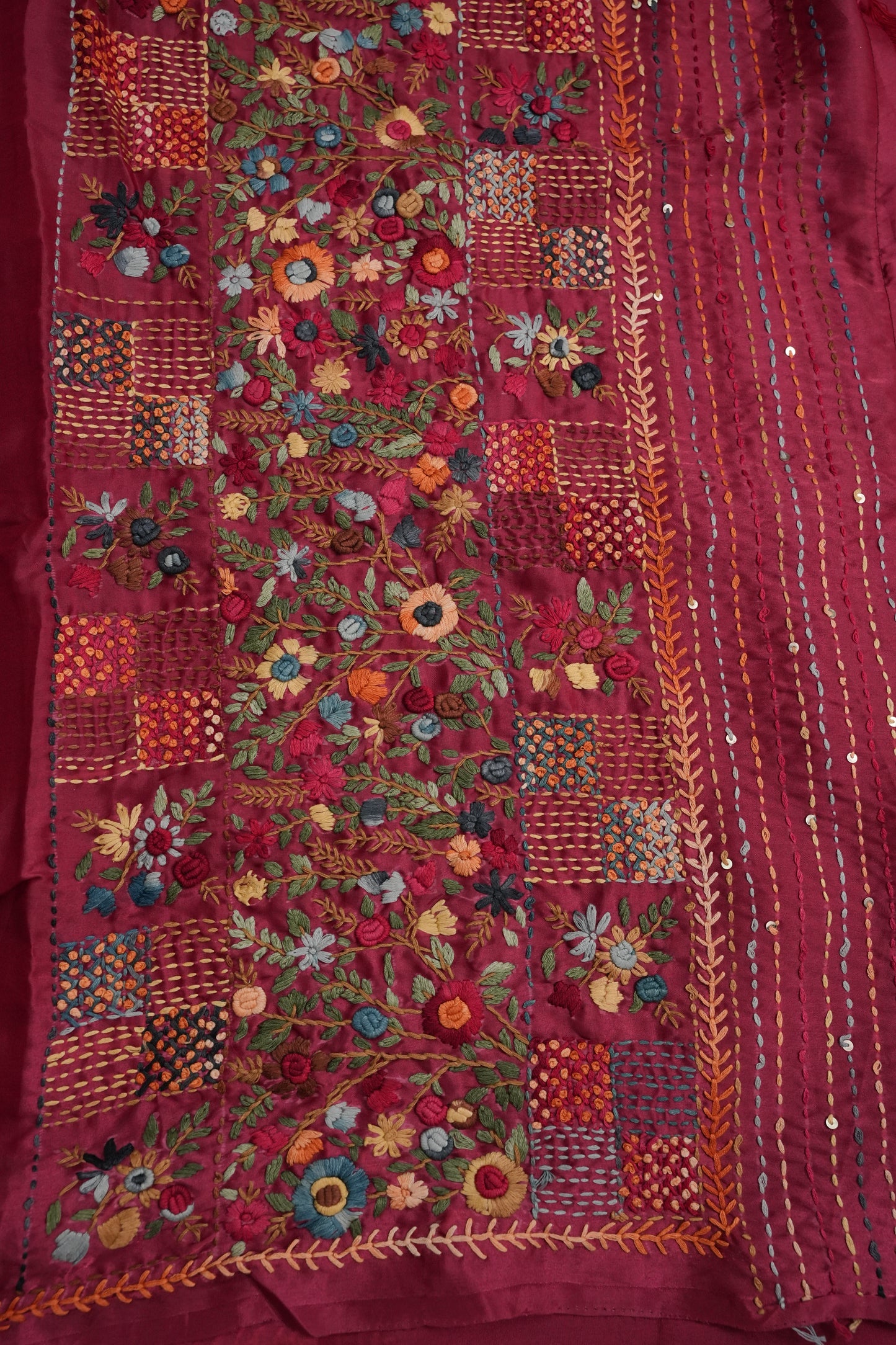 Rose Pink-Crepe silk saree with French knot work