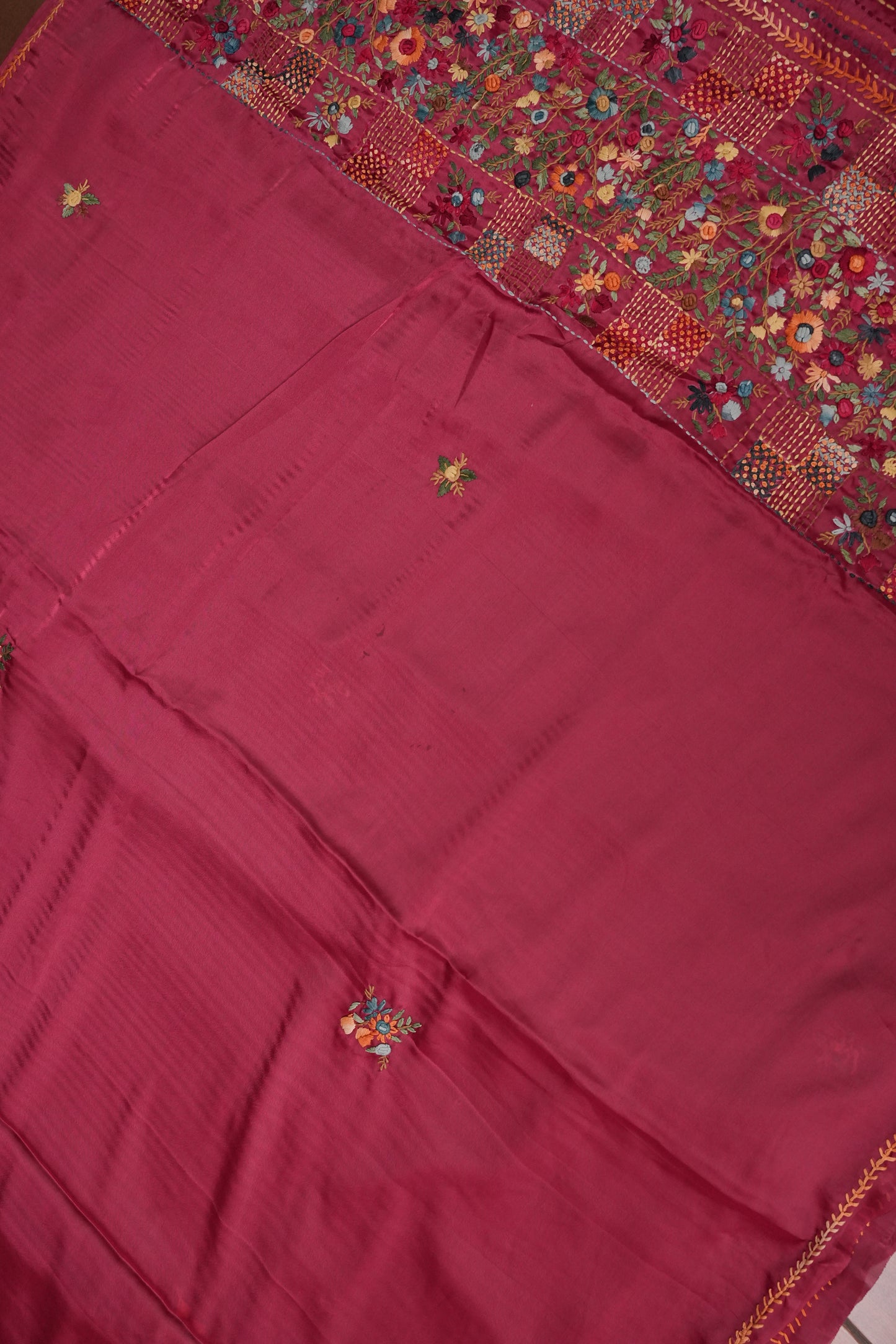 Rose Pink-Crepe silk saree with French knot work