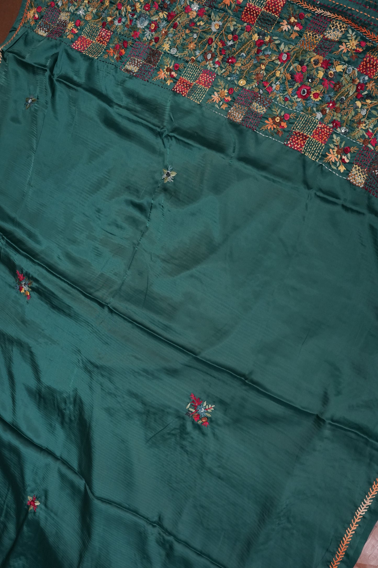 Deep Teal Green Crepe silk saree with French knot work