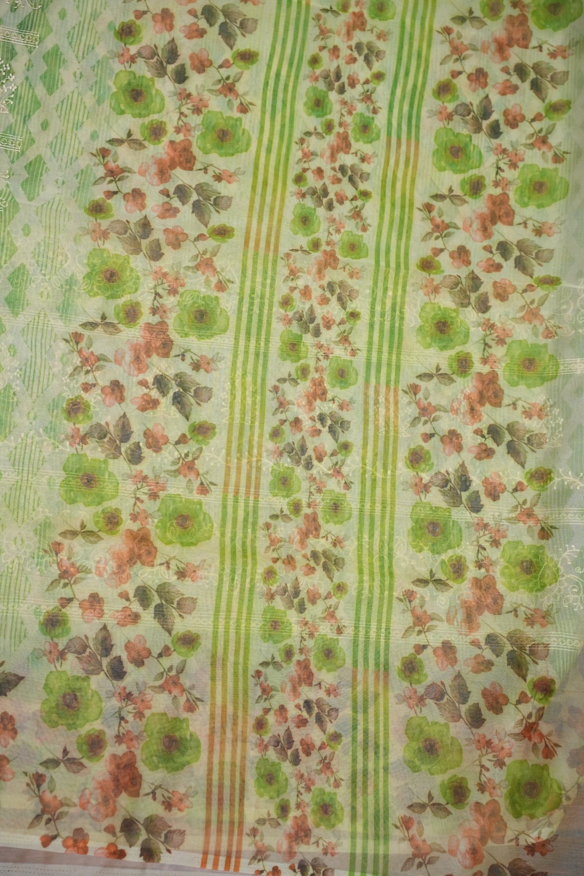 Soft Organza Glass Tissue Saree with Embroidered Floral Design – Leaf Green