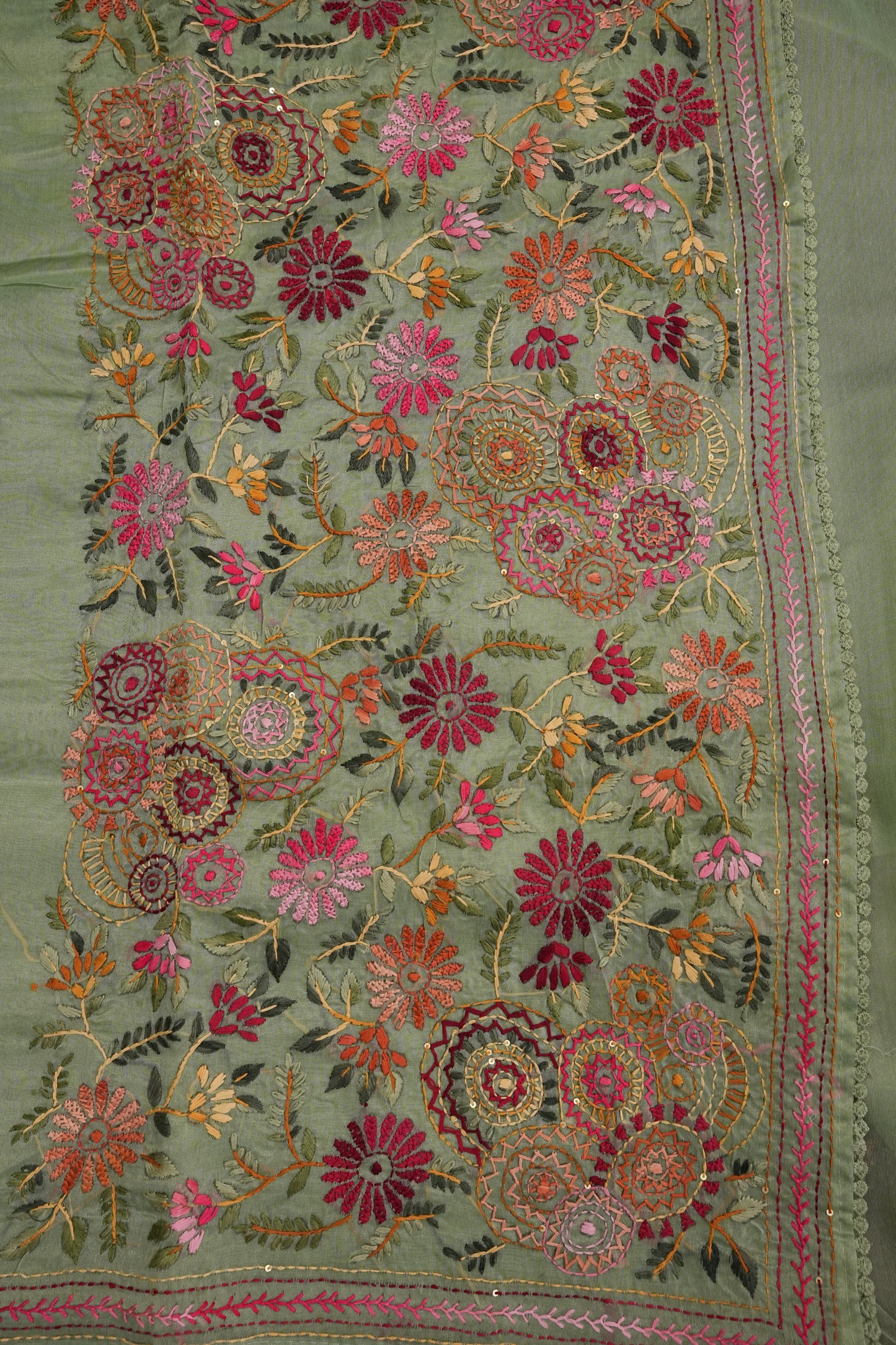 Embroidered Jute Linen Saree - Sage Green