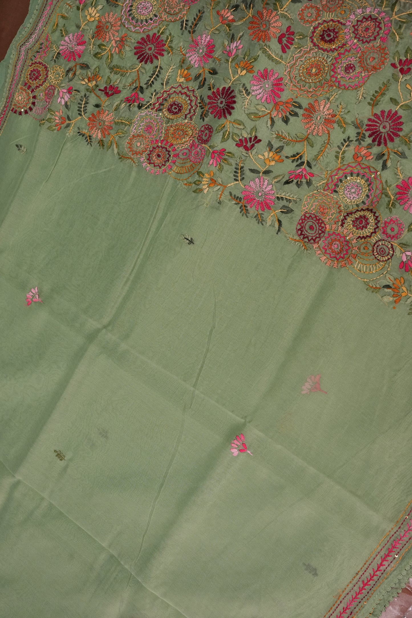 Embroidered Jute Linen Saree - Sage Green