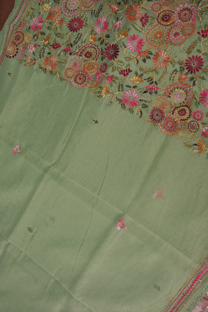 Embroidered Jute Linen Saree - Sage Green