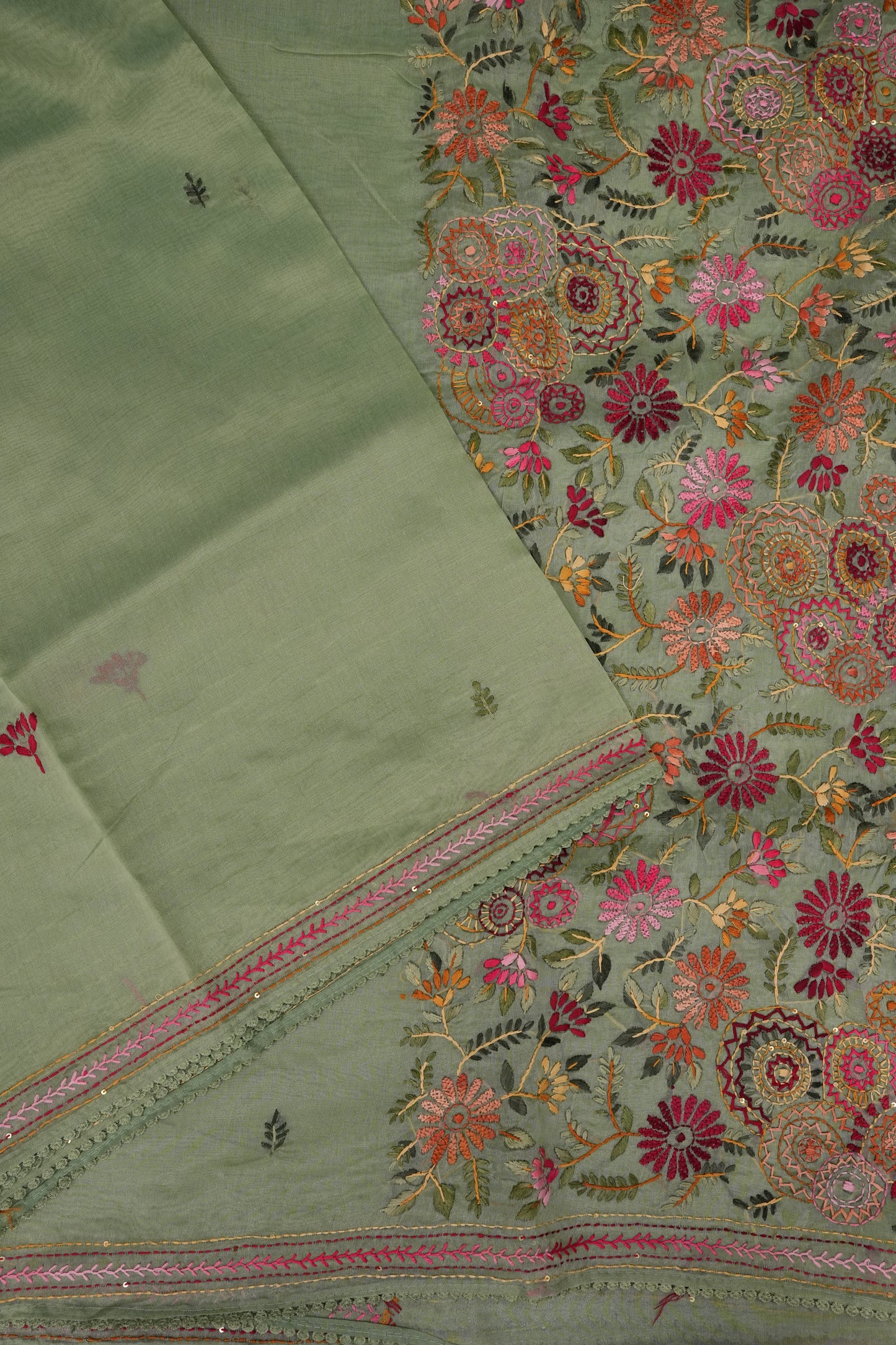 Embroidered Jute Linen Saree - Sage Green