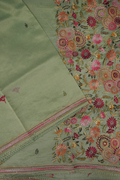 Embroidered Jute Linen Saree - Sage Green