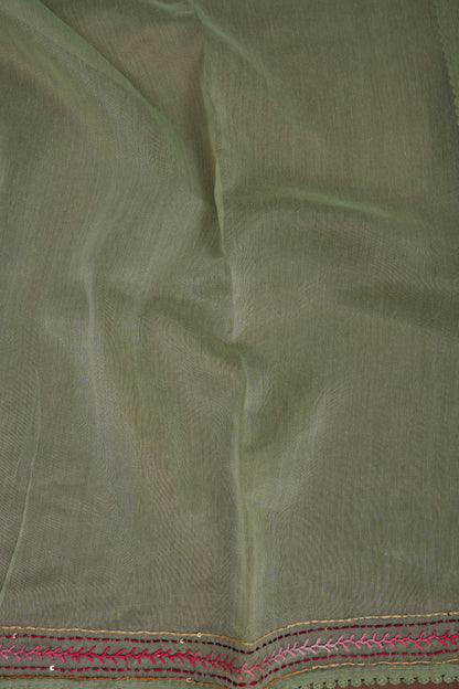 Embroidered Jute Linen Saree - Sage Green