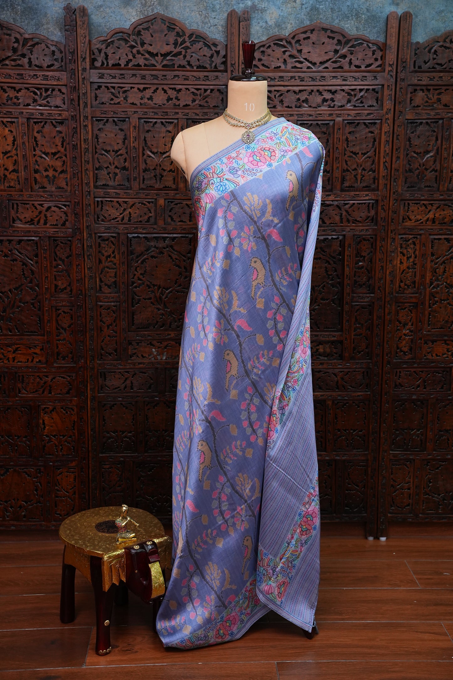 Tussar Silk Saree with Floral & Bird Kalamkari Digital Print – Powder Blue