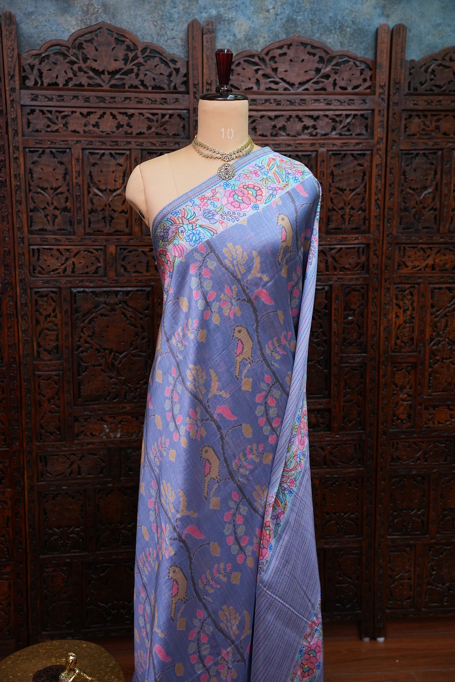 Tussar Silk Saree with Floral & Bird Kalamkari Digital Print – Powder Blue