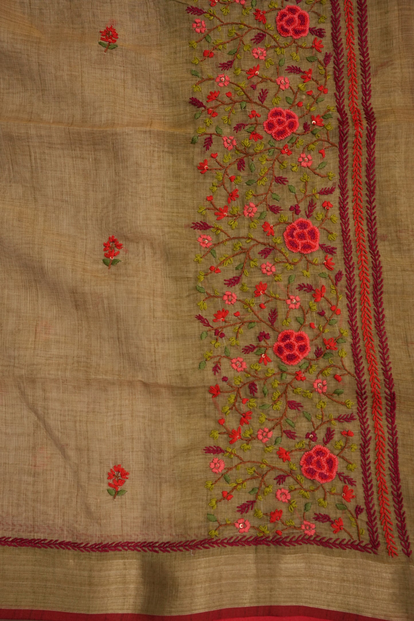 Embroidered Jute Linen Saree - Gold Beige