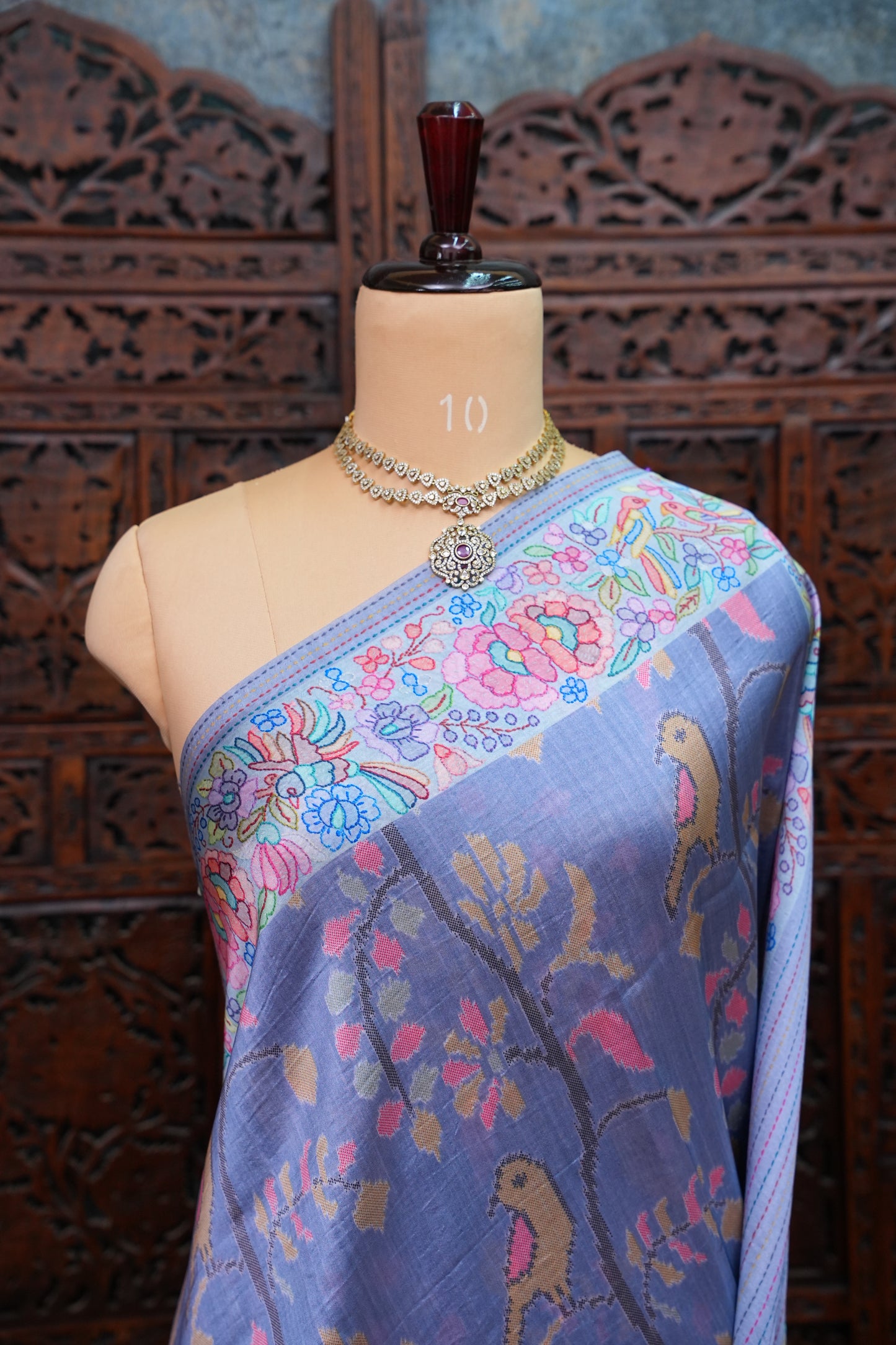 Tussar Silk Saree with Floral & Bird Kalamkari Digital Print – Powder Blue