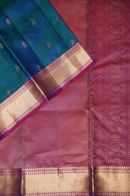 Peacock Blue & Purple Pure Kanchipuram Silk Saree|Silk Mark Certified