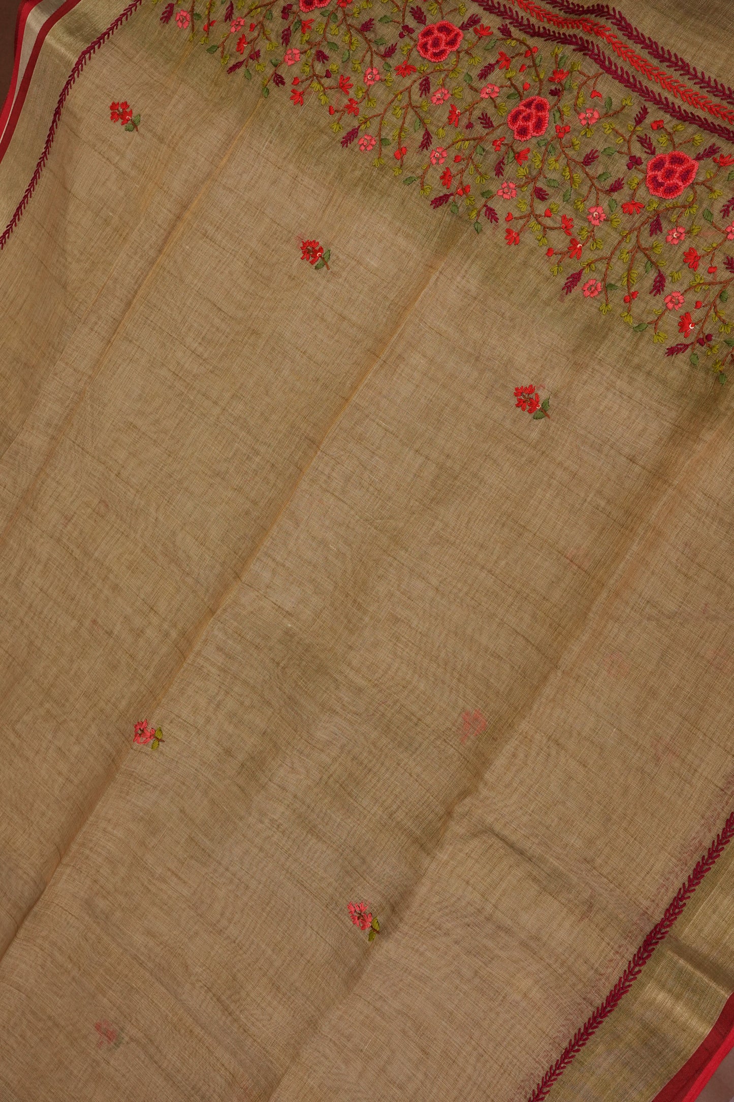Embroidered Jute Linen Saree - Gold Beige