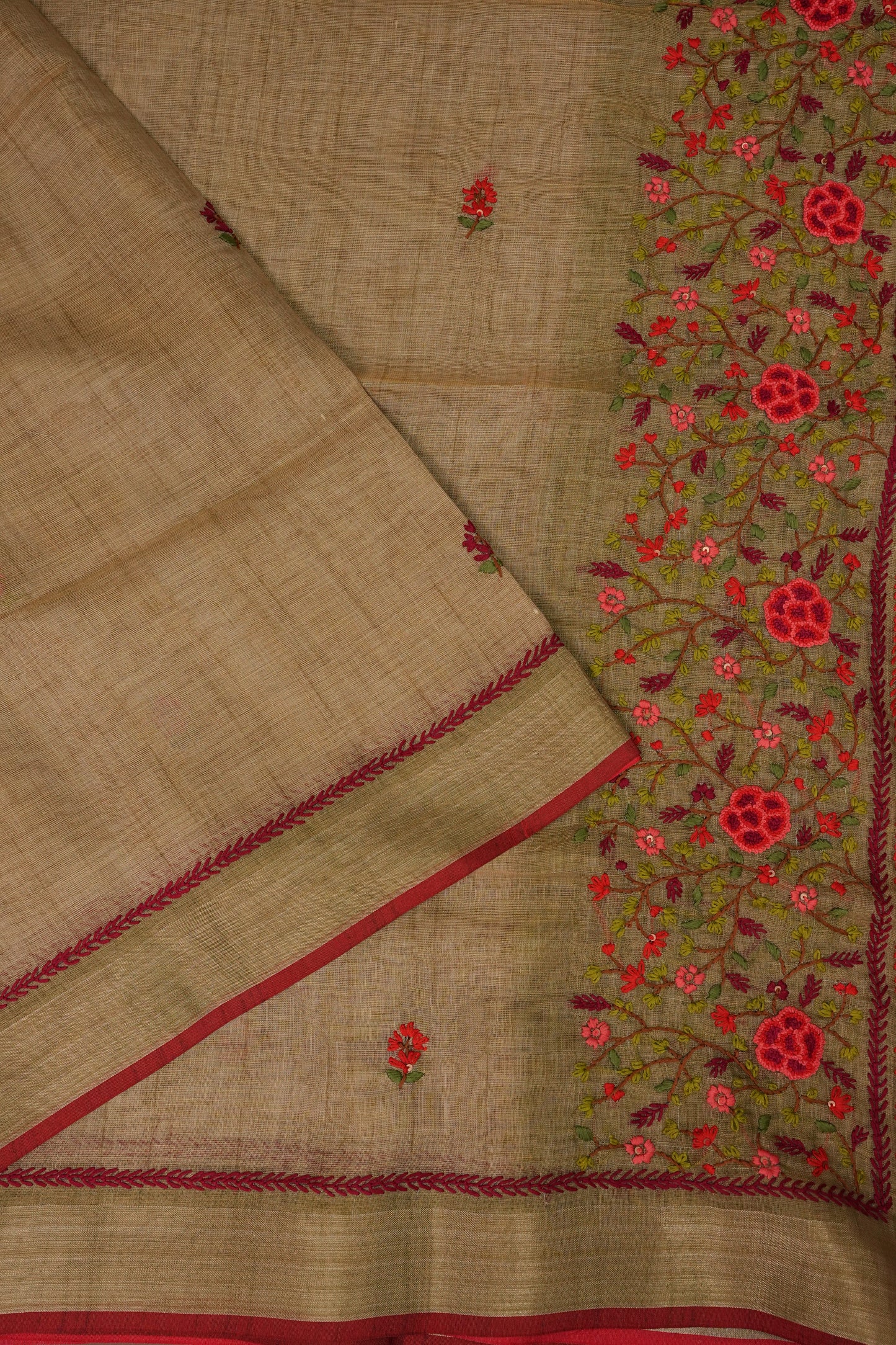 Embroidered Jute Linen Saree - Gold Beige