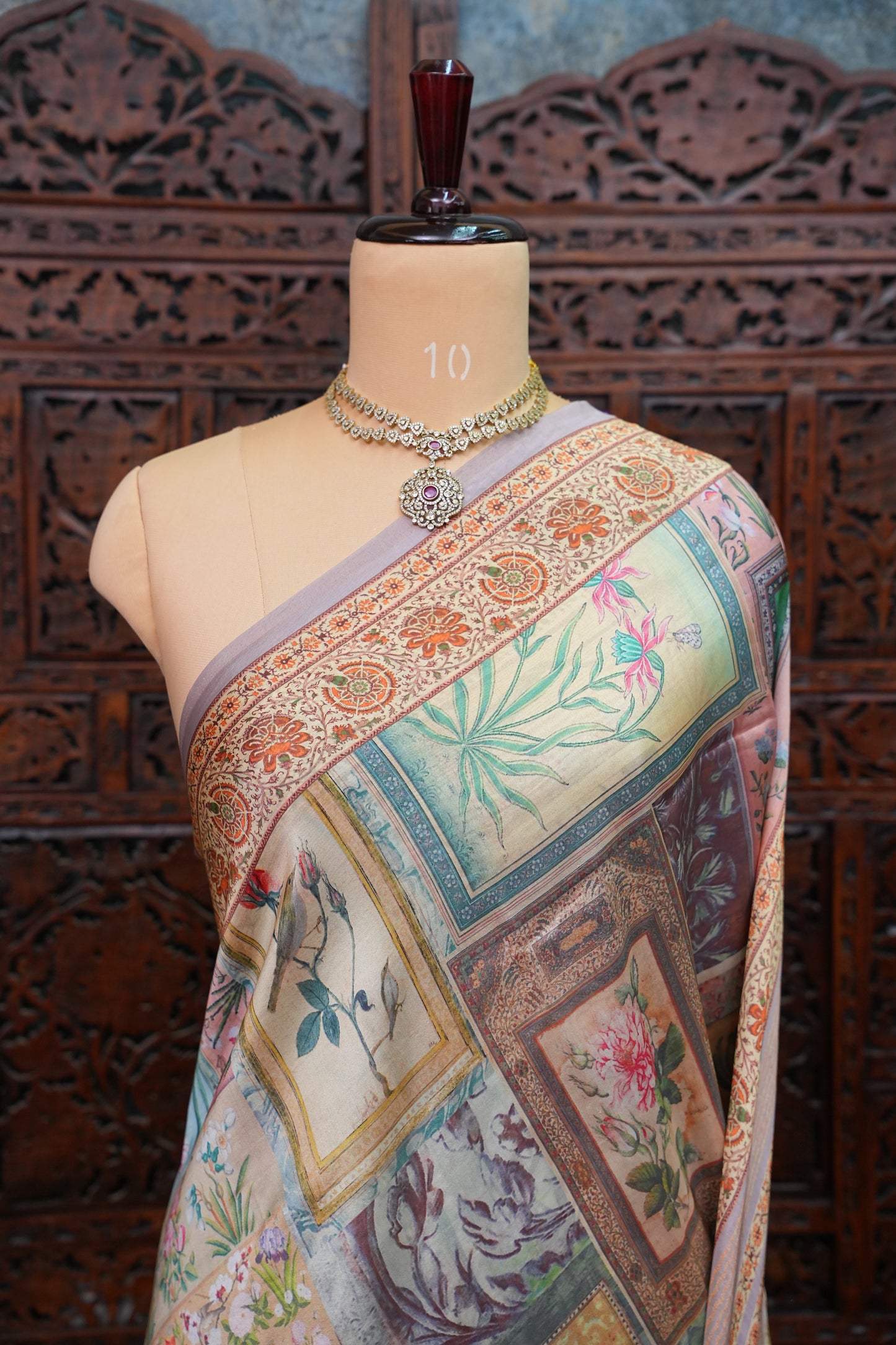 Tussar Silk Saree with Vintage Botanical Digital Print – Pastel Multicolour