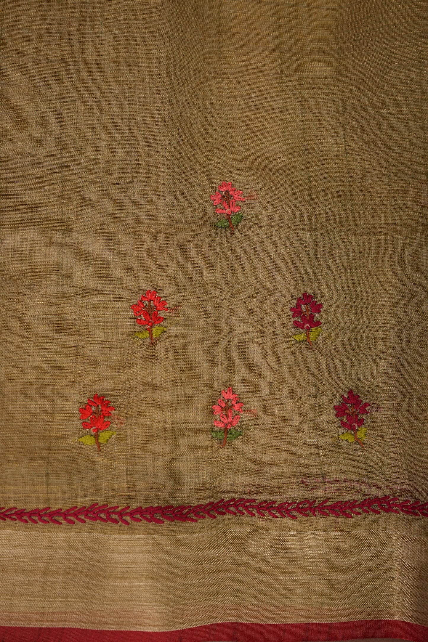 Embroidered Jute Linen Saree - Gold Beige