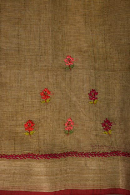 Embroidered Jute Linen Saree - Gold Beige