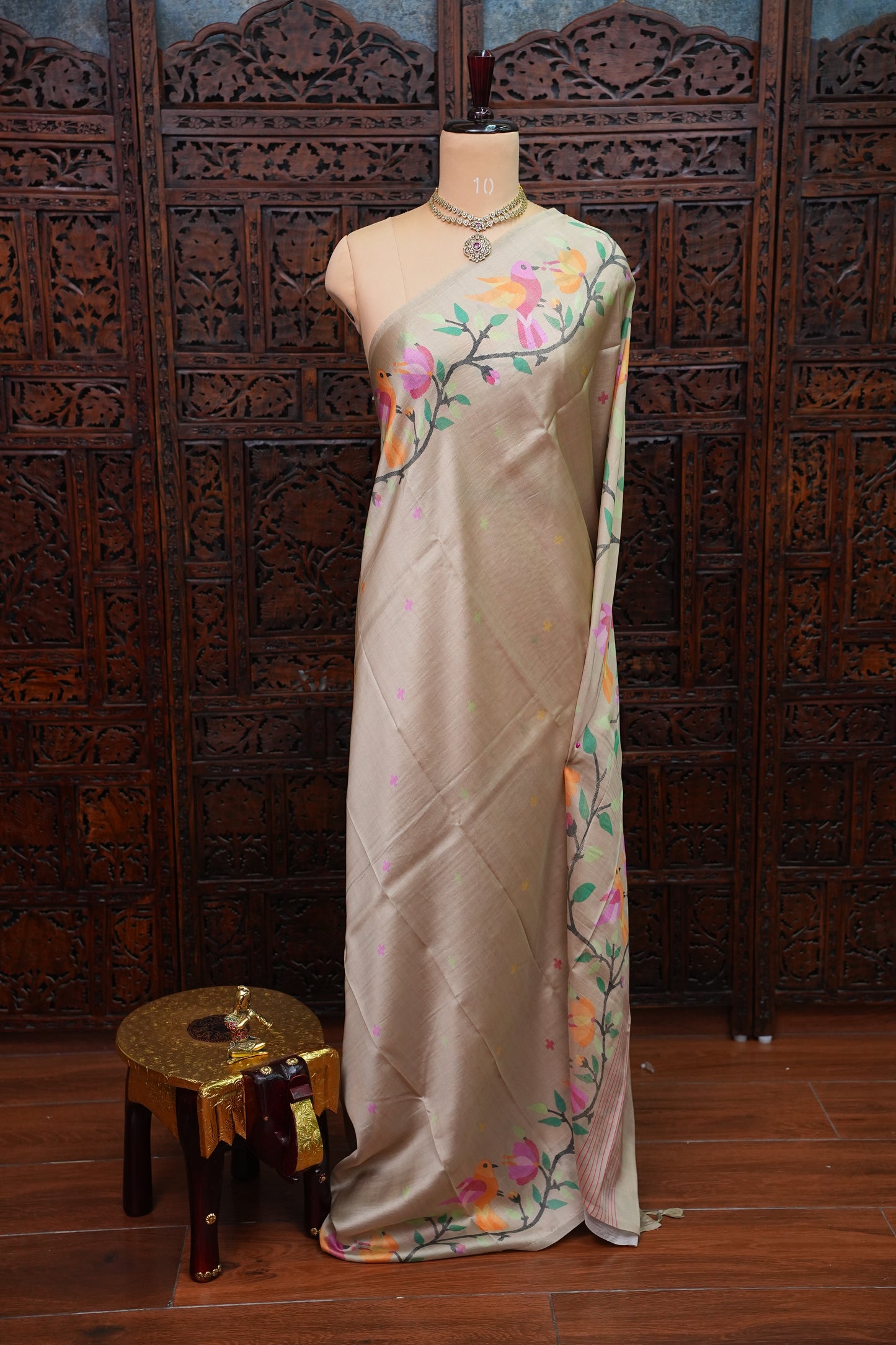 Tussar Silk Saree with Bird & Floral Kalamkari Digital Print – Beige Gold