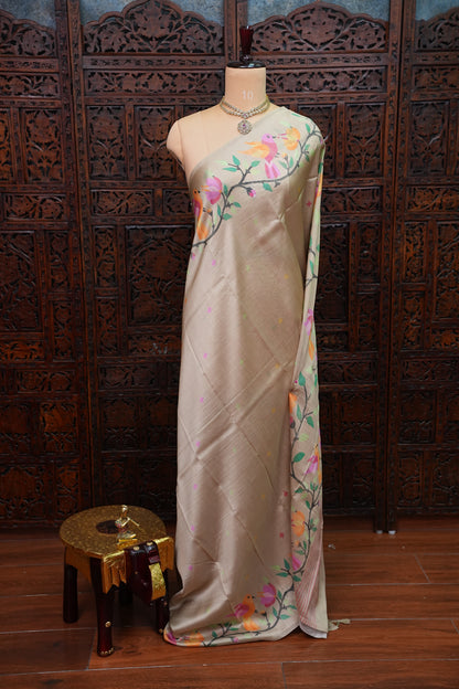 Tussar Silk Saree with Bird & Floral Kalamkari Digital Print – Beige Gold