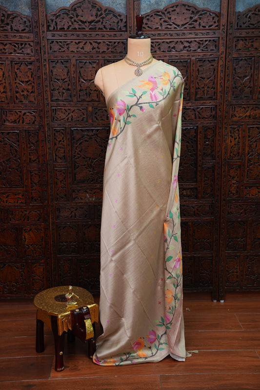 Tussar Silk Saree with Bird & Floral Kalamkari Digital Print – Beige Gold