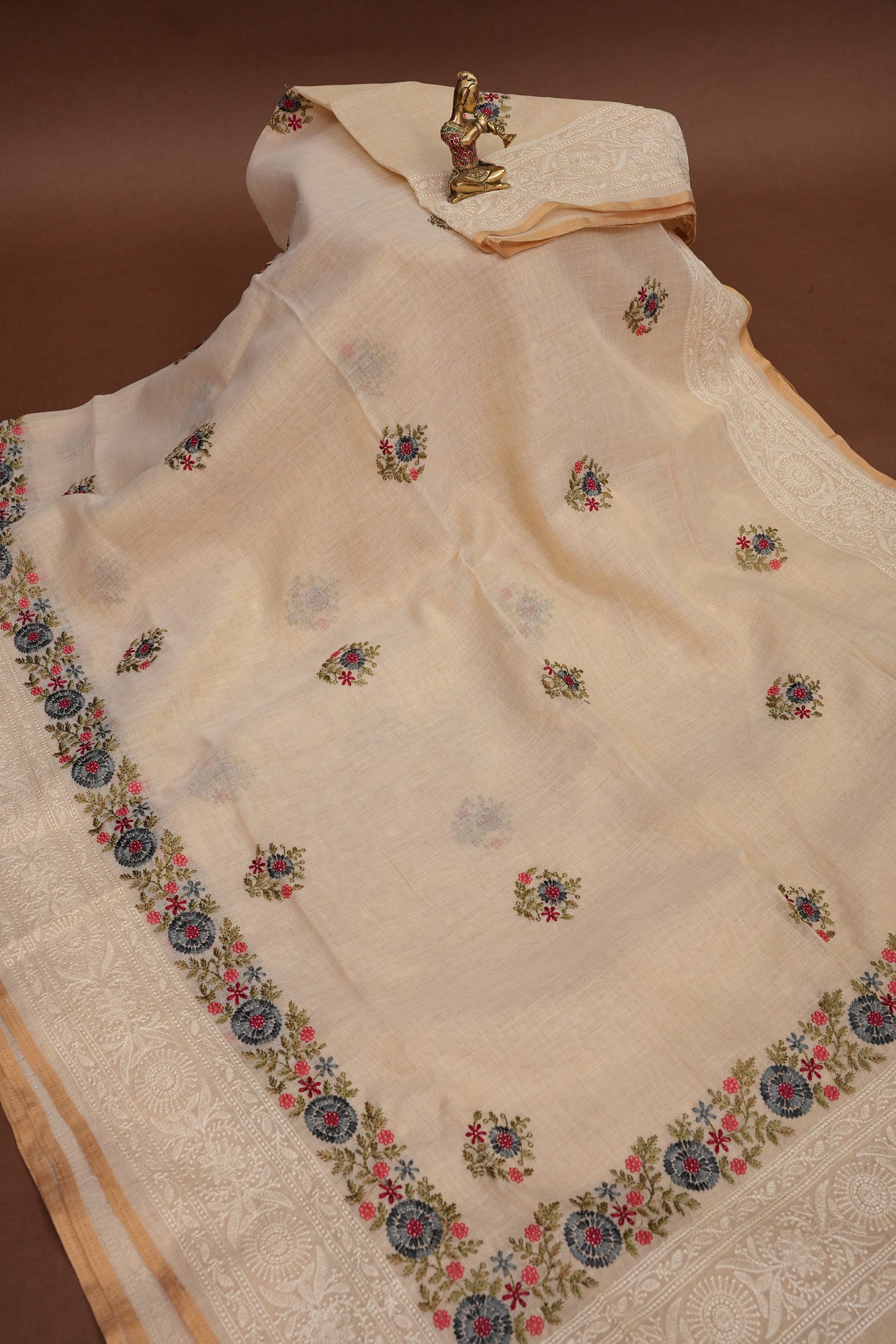Embroidered Jute Linen Saree - Half White