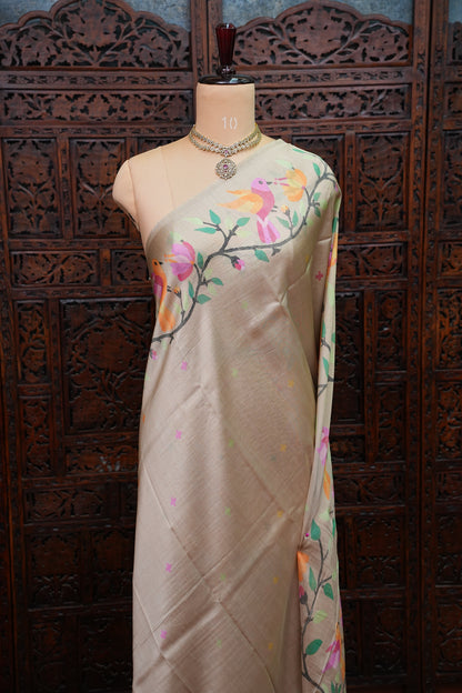 Tussar Silk Saree with Bird & Floral Kalamkari Digital Print – Beige Gold