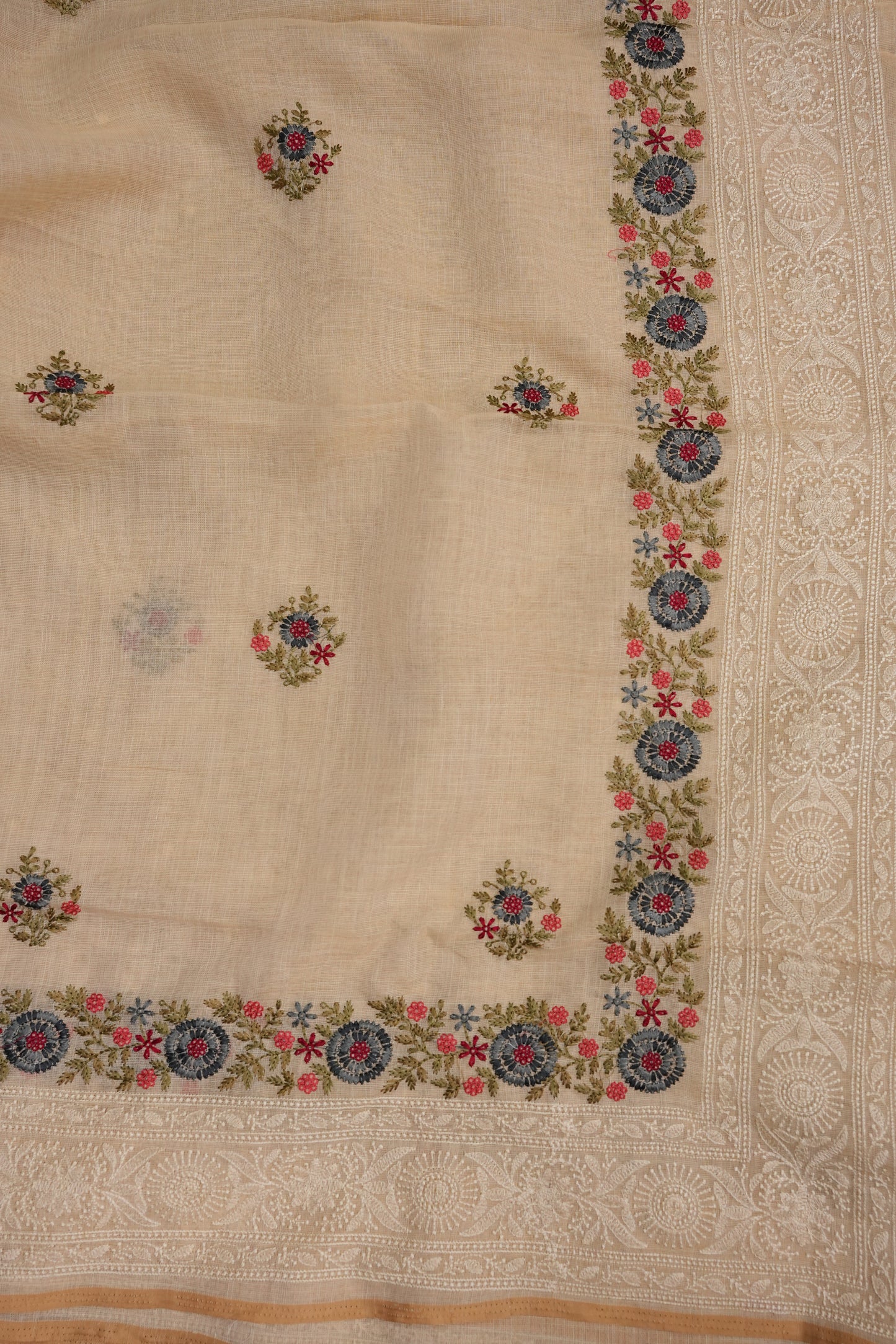 Embroidered Jute Linen Saree - Half White