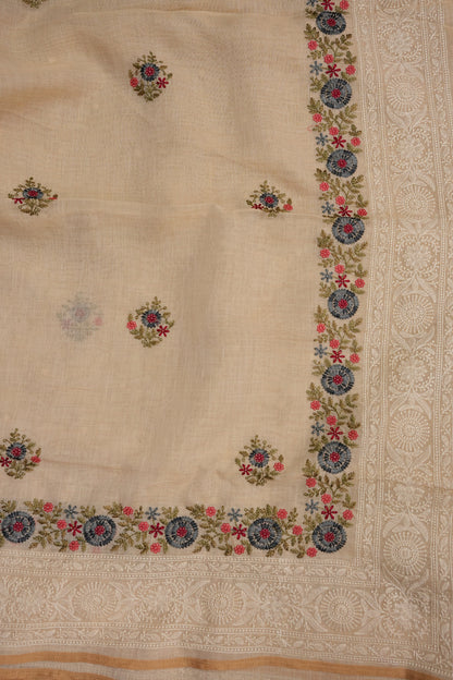 Embroidered Jute Linen Saree - Half White