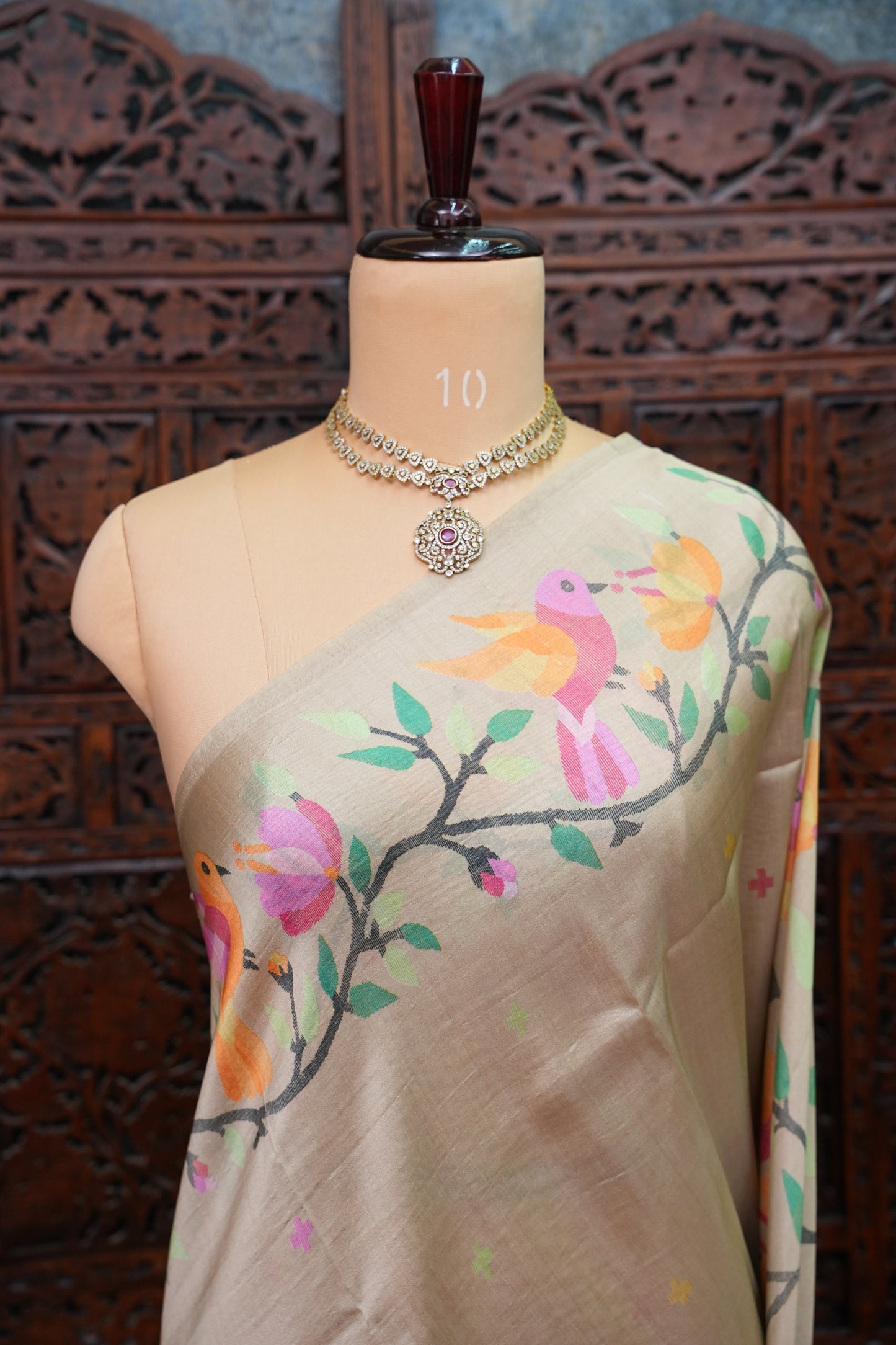 Tussar Silk Saree with Bird & Floral Kalamkari Digital Print – Beige Gold
