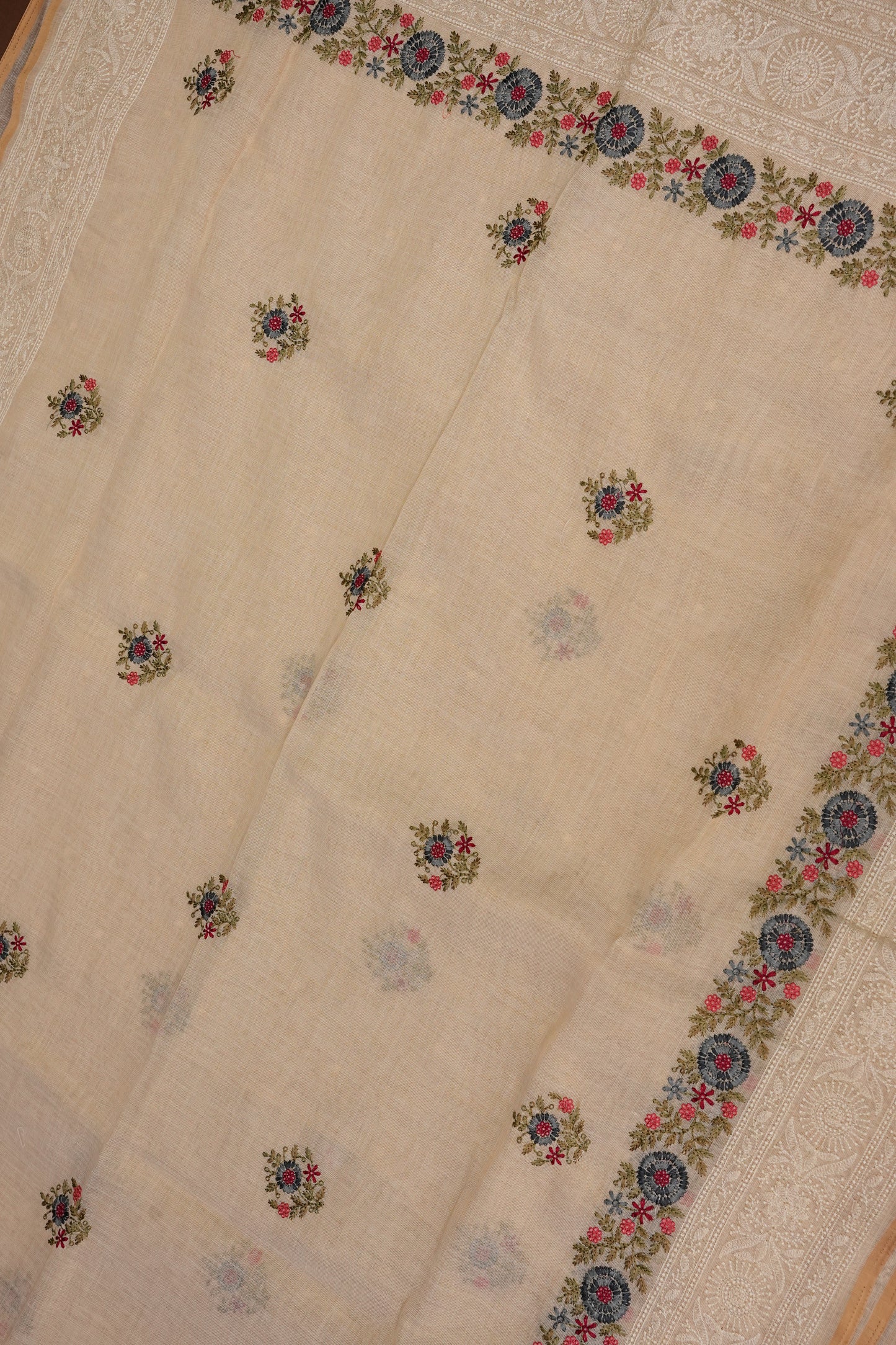 Embroidered Jute Linen Saree - Half White