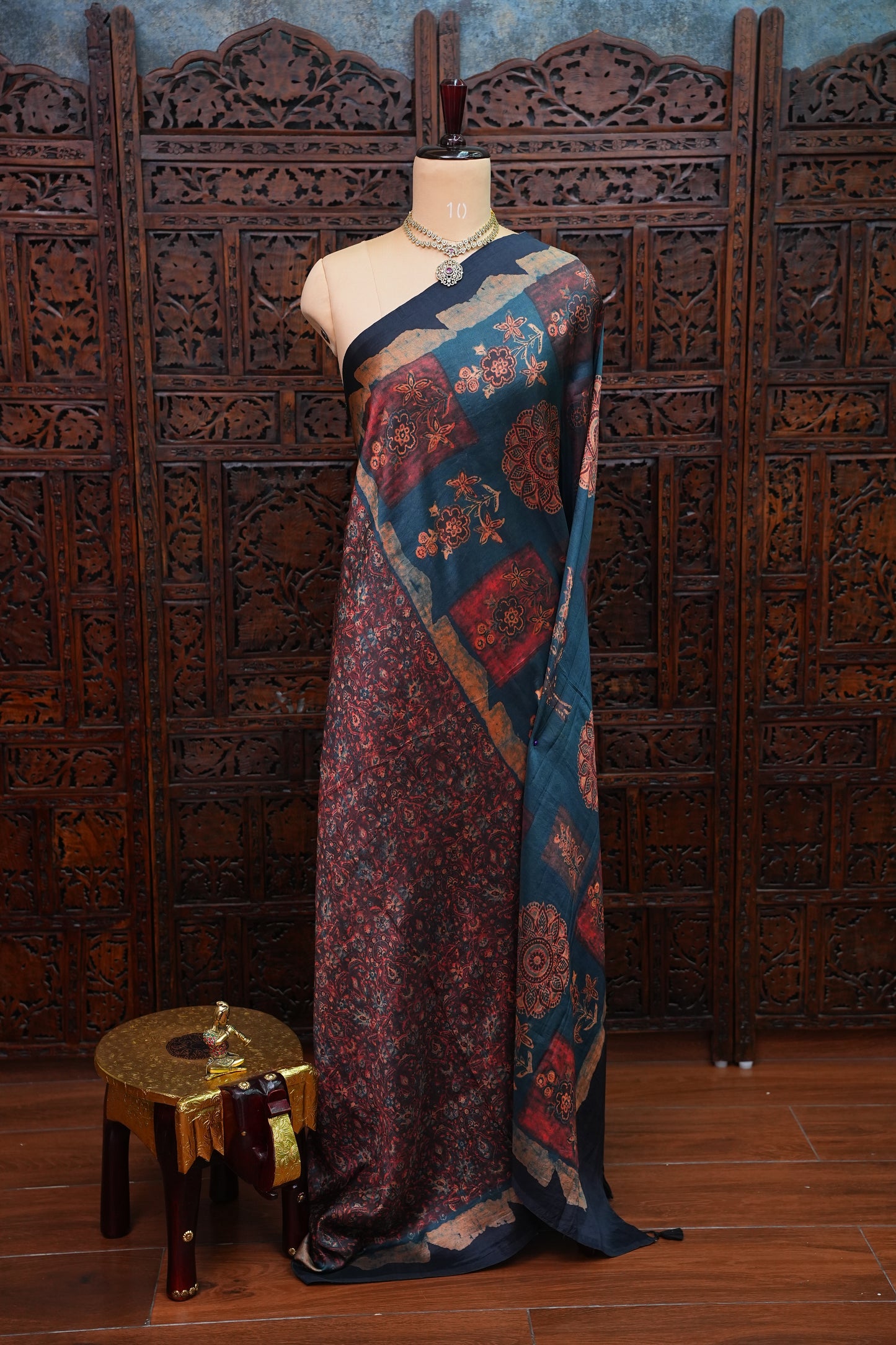 Tussar Silk Saree with Vintage Kalamkari Digital Print – Midnight Blue