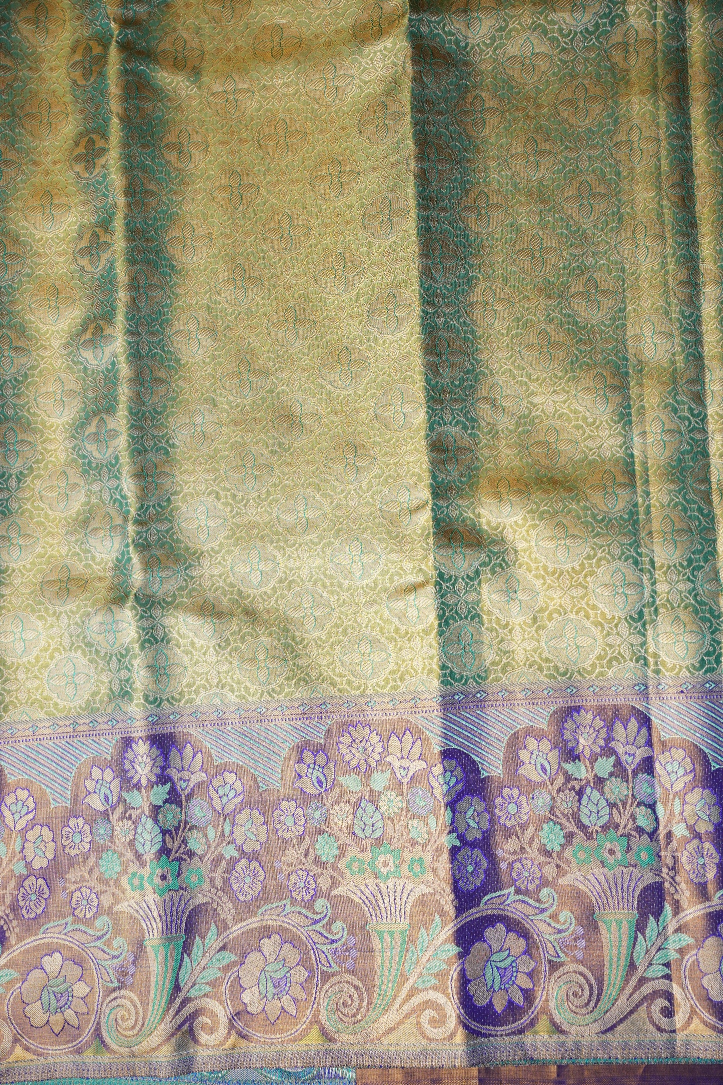 Olive Green & Royal Violet Pure Tissue Kanchipuram Silk Saree|Silk Mark Certified