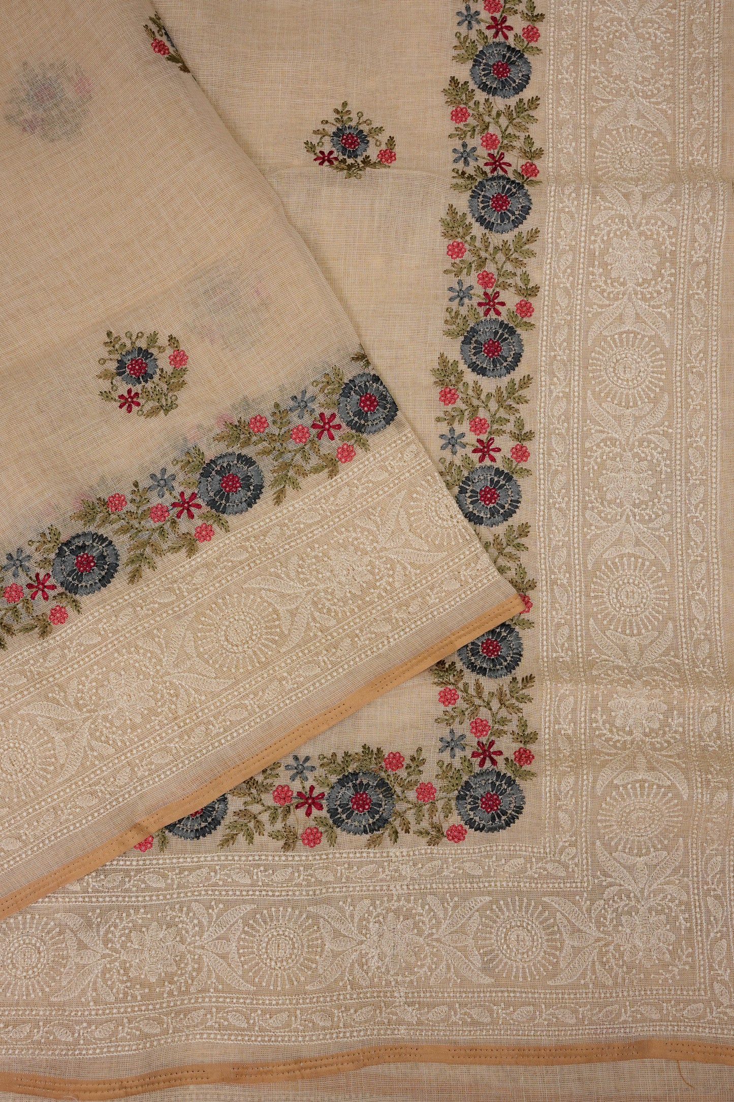 Embroidered Jute Linen Saree - Half White