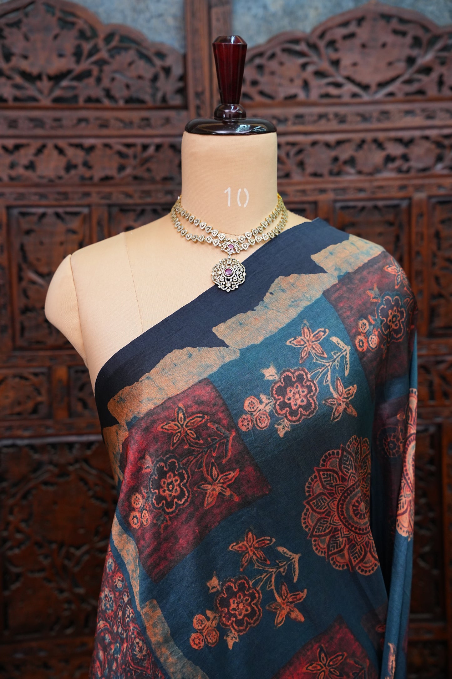Tussar Silk Saree with Vintage Kalamkari Digital Print – Midnight Blue