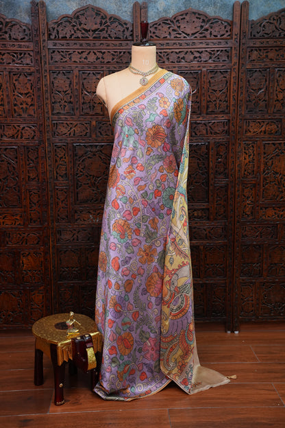 Tussar Silk Saree with Floral Kalamkari Digital Print – Lavender