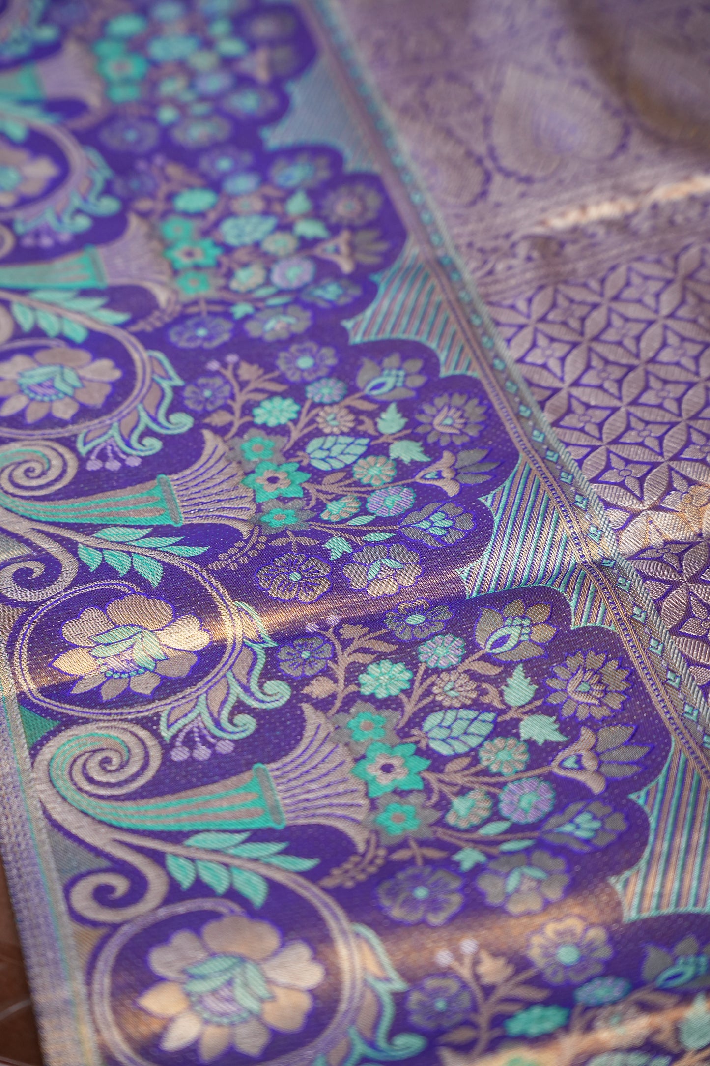 Olive Green & Royal Violet Pure Tissue Kanchipuram Silk Saree|Silk Mark Certified