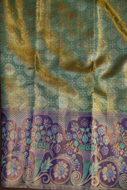 Olive Green & Royal Violet Pure Tissue Kanchipuram Silk Saree|Silk Mark Certified