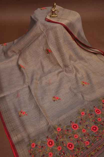 Embroidered Jute Linen Saree - Grey with Purple Undertone