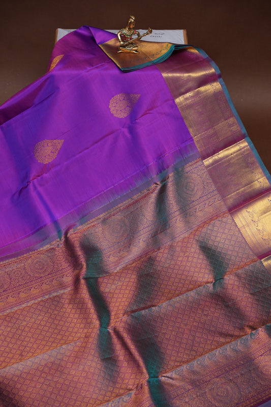 Purple and Teal Pure Kanchipuram Silk Saree|Silk Mark Certified