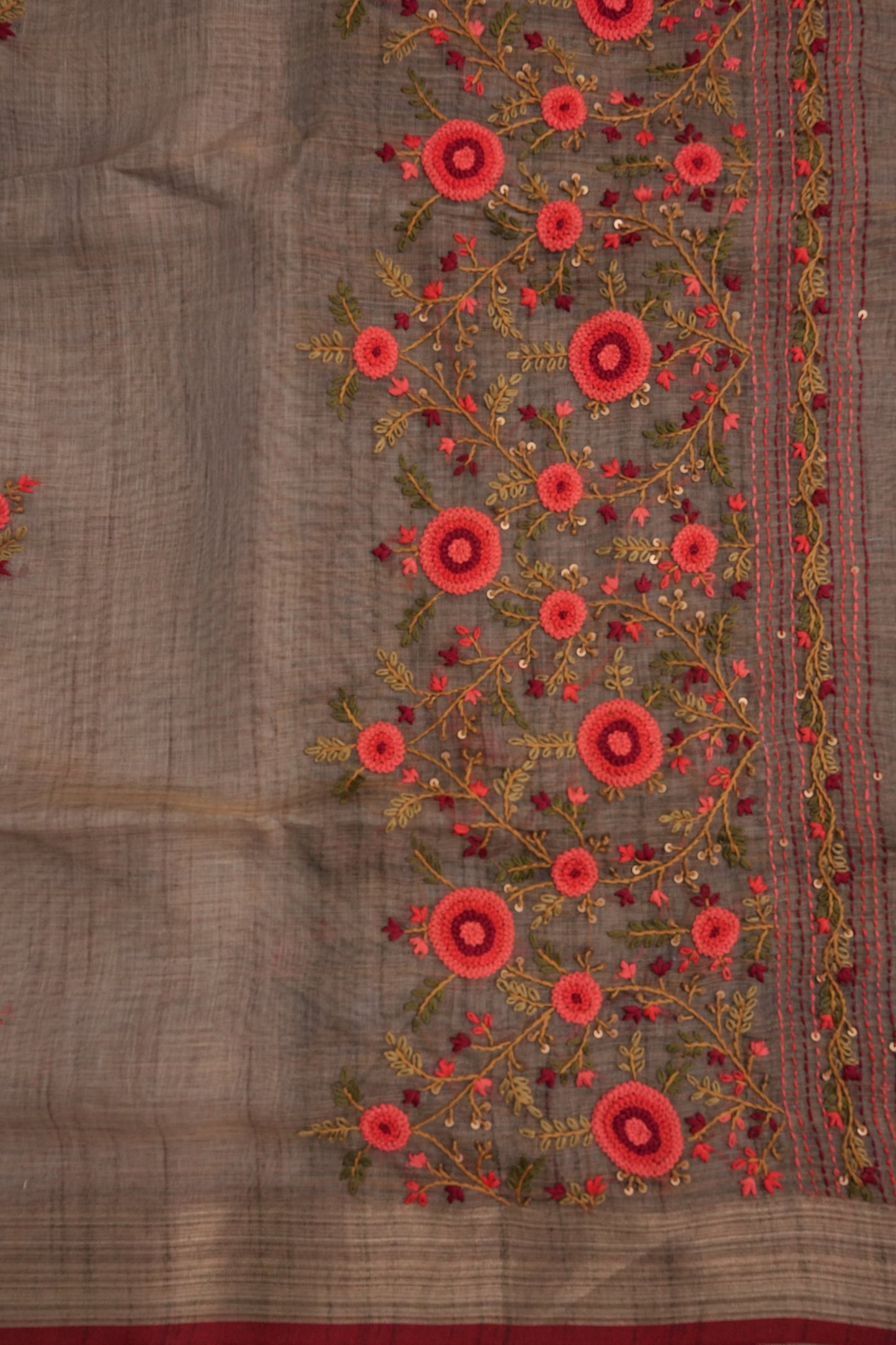 Embroidered Jute Linen Saree - Grey with Purple Undertone