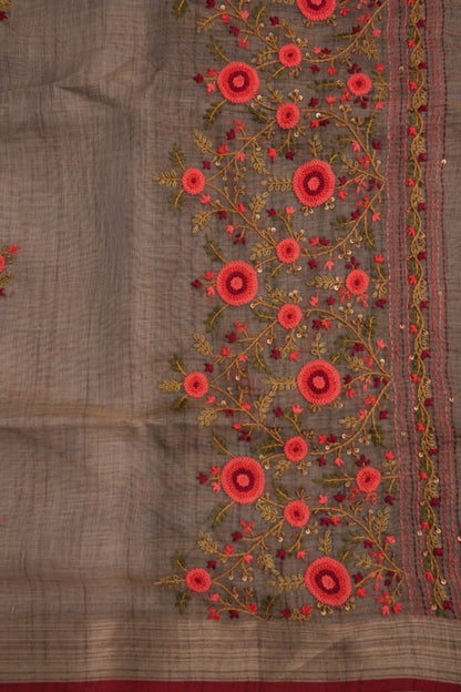 Embroidered Jute Linen Saree - Grey with Purple Undertone