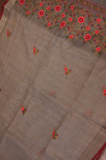 Embroidered Jute Linen Saree - Grey with Purple Undertone