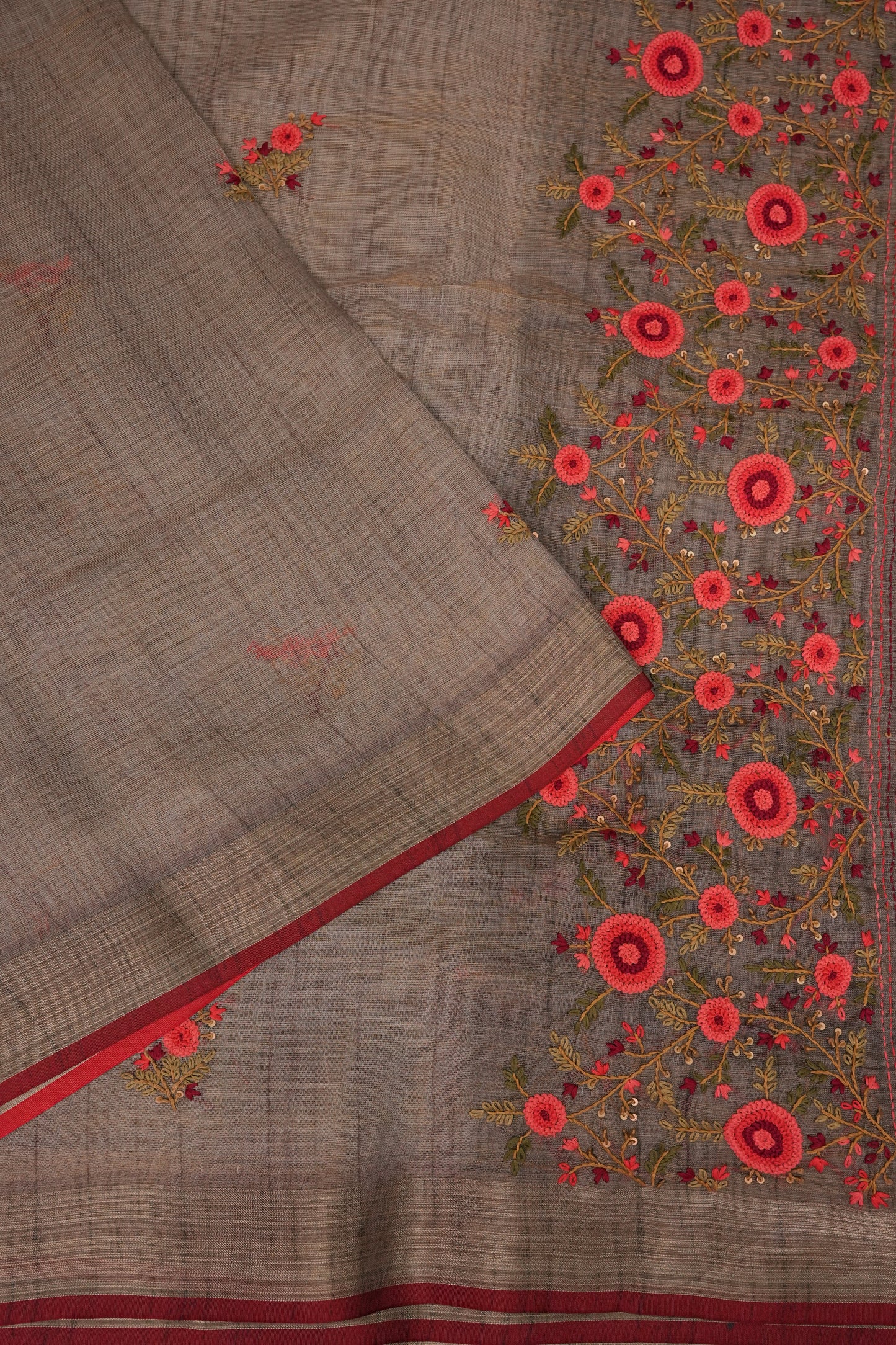 Embroidered Jute Linen Saree - Grey with Purple Undertone