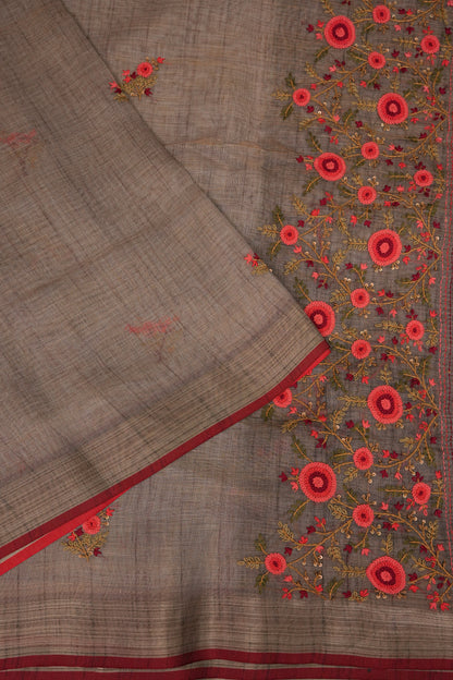 Embroidered Jute Linen Saree - Grey with Purple Undertone
