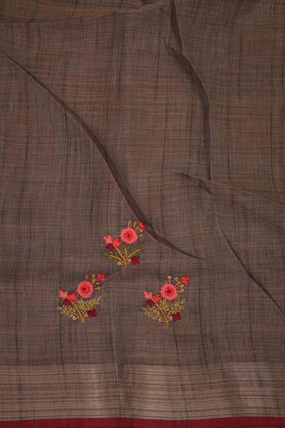 Embroidered Jute Linen Saree - Grey with Purple Undertone