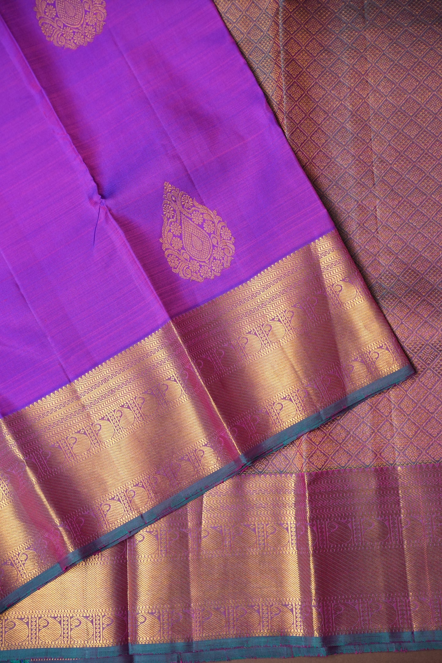 Purple and Teal Pure Kanchipuram Silk Saree|Silk Mark Certified
